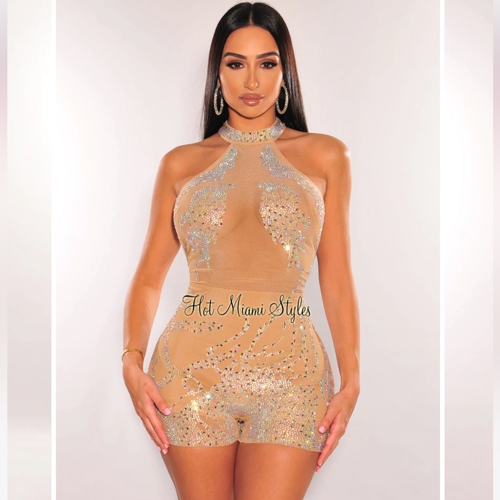 Nude Rhinestone Sheer Mesh Romper